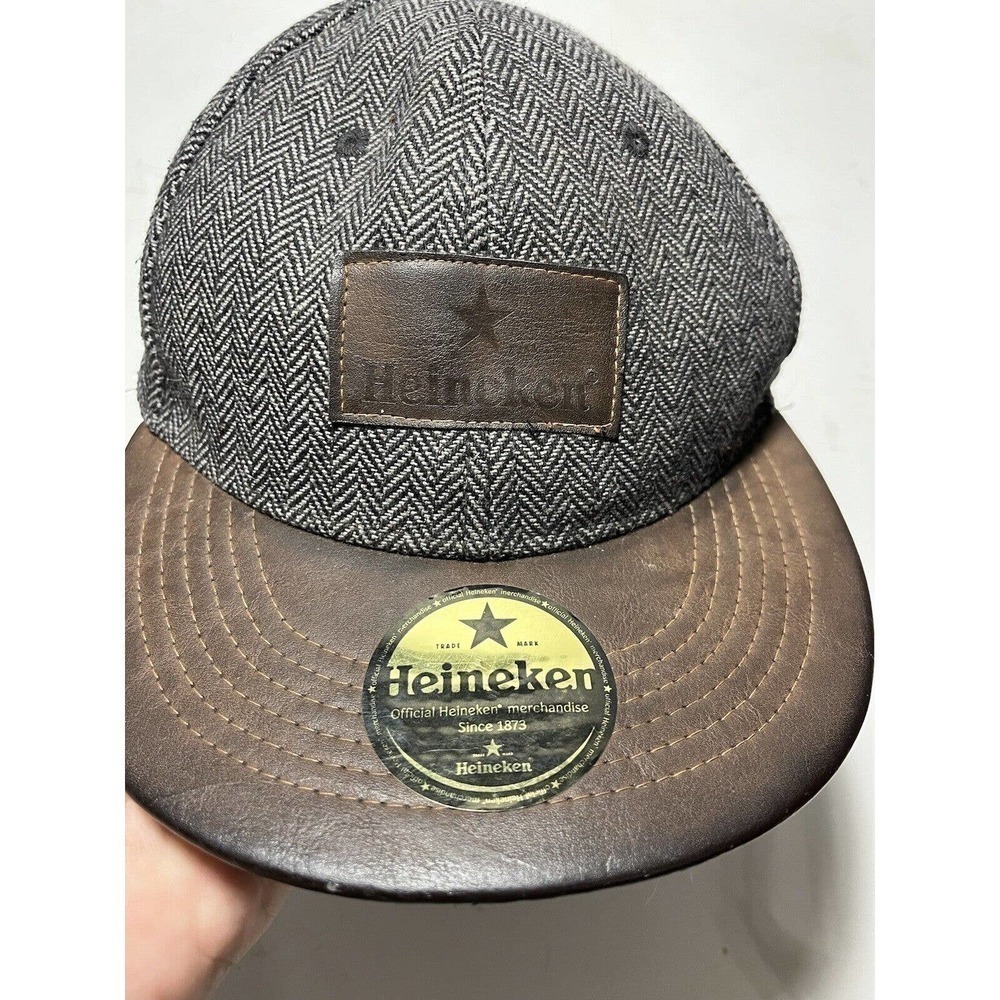 HEINEKEN Leather Brimmed Herringbone Baseball Hat Cap Adjustable Strap Back OS